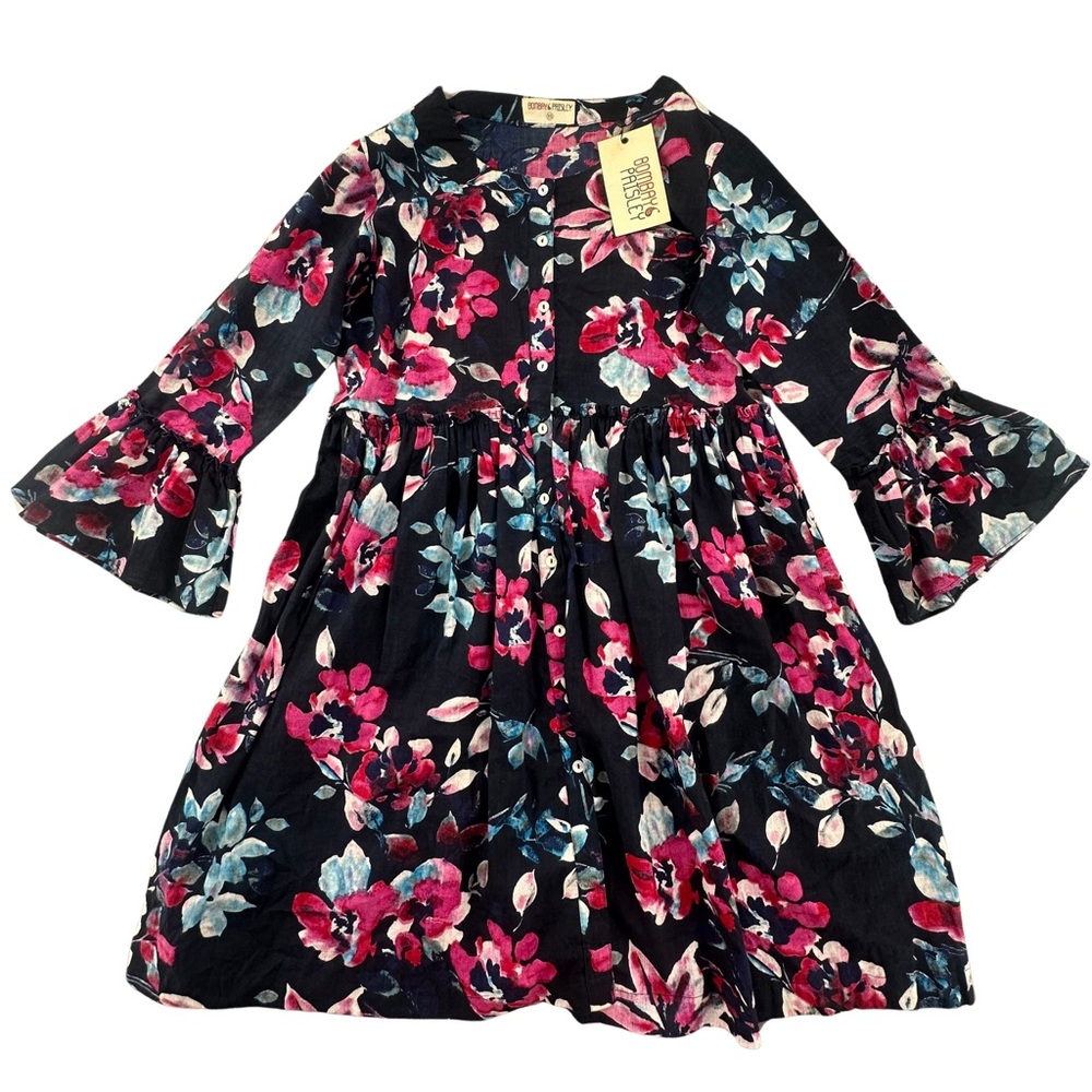NEW! Bombay Paisley Babydoll Dress Womens XS Floral Navy Blue Fusia 100%‎ Cotton